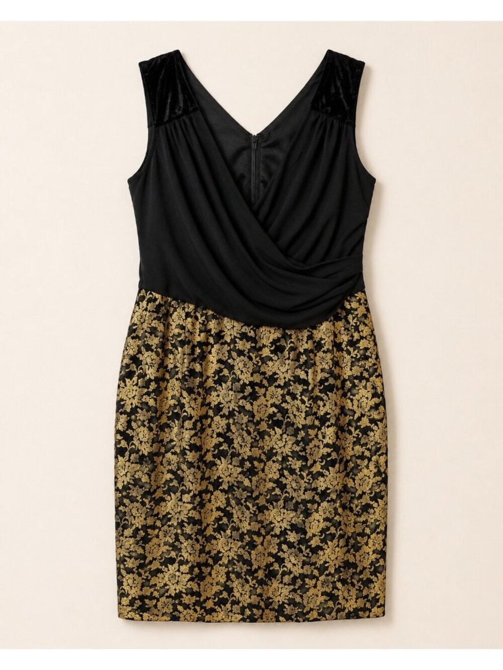 Gold & Black Floral Dress With Velvet Skirt & Sheer Top - Size M - NY Collection